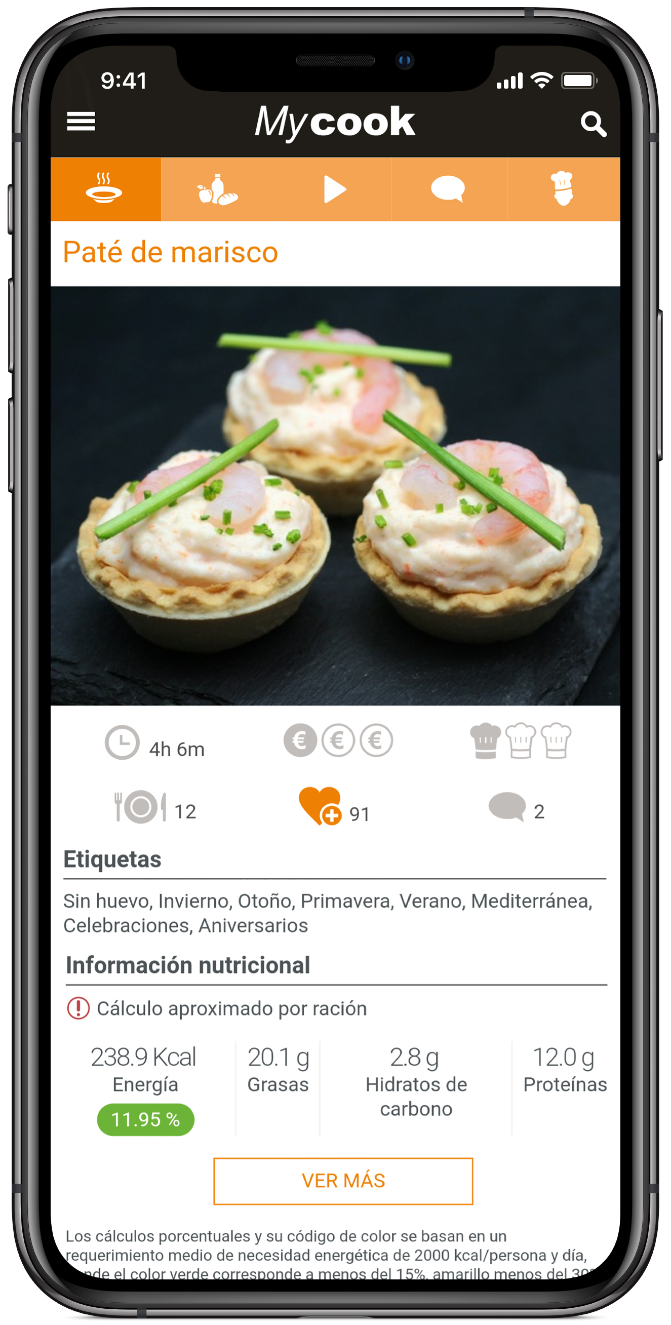 Pantalla de teléfono inteligente que muestra una receta con comida. La pantalla tiene texto e imágenes.