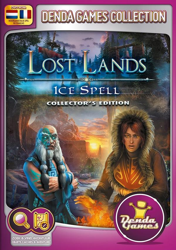 Denda Games game cover. Features a fantasy scene with two characters and a title. Dark colors.