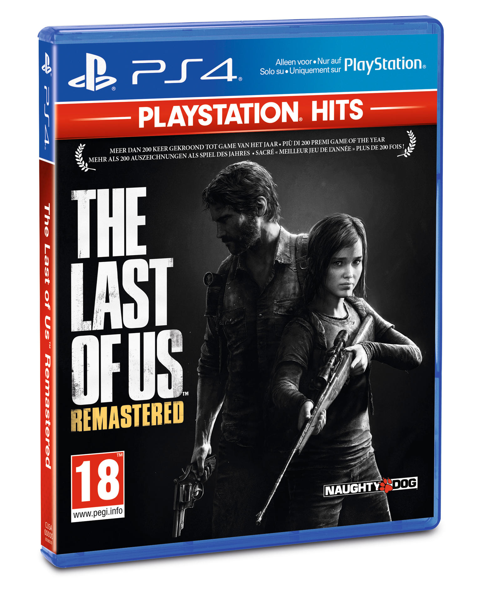 The Last of Us Remastered PS4-gamecover met twee personages en een logo.