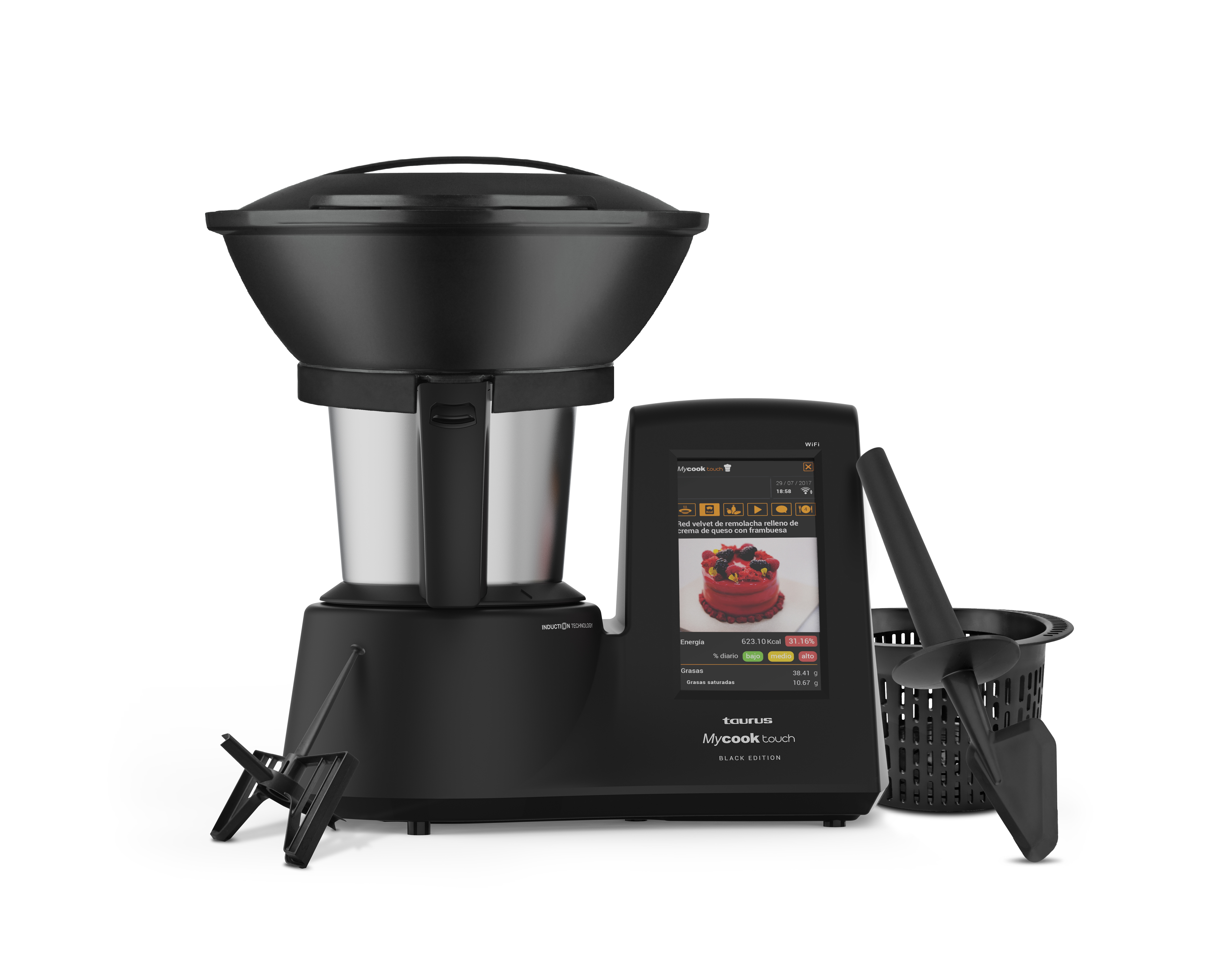Electrodoméstico de cocina negro con pantalla digital, junto a otros accesorios.
