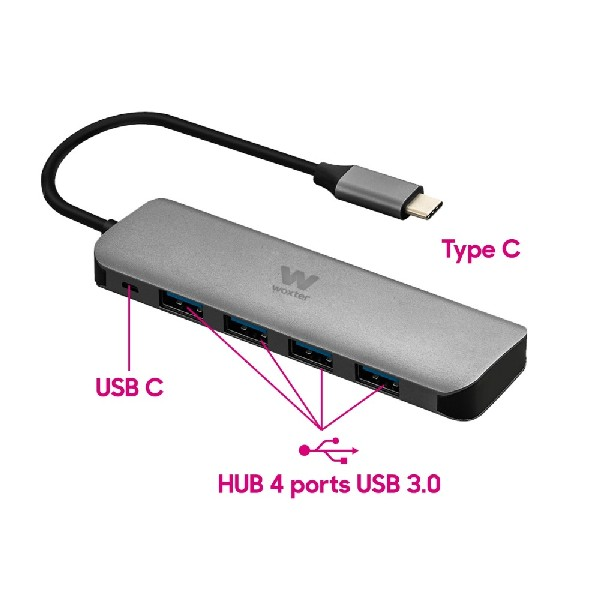 Hub USB - Woxter Type-C Adapter 40, Aluminio, 4 Puertos USB 3.0, 1 Puerto USB-C