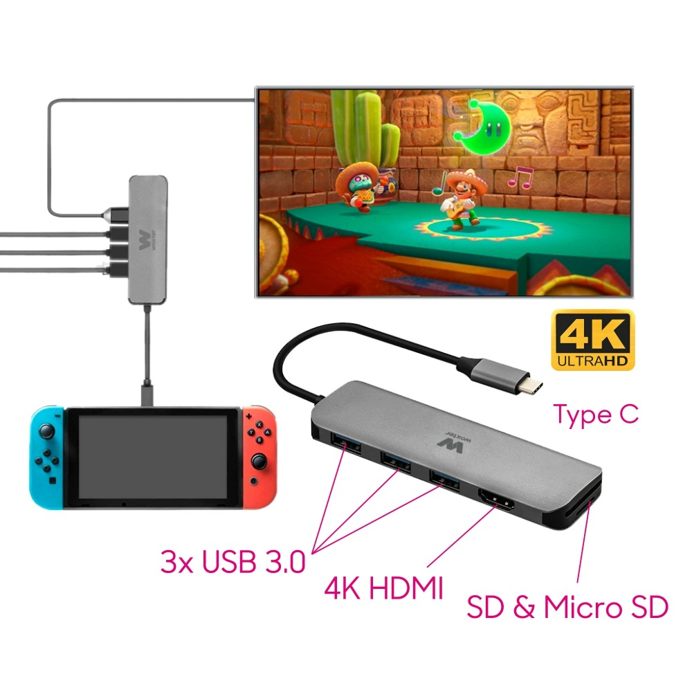 Hub USB - Woxter Type-C Adapter 60, Aluminio, 3 Puertos USB 3.0, SD/microSD, 4K HDMI