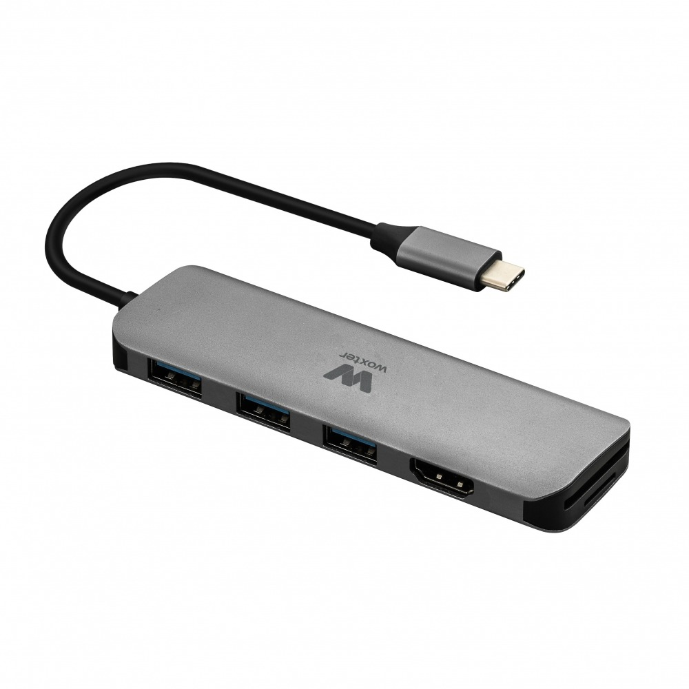 Hub USB - Woxter Type-C Adapter 60, Aluminio, 3 Puertos USB 3.0, SD/microSD, 4K HDMI
