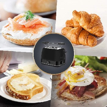 Una tostadora negra rodeada de imágenes de alimentos para el desayuno: bagels, cruasanes, tostadas.