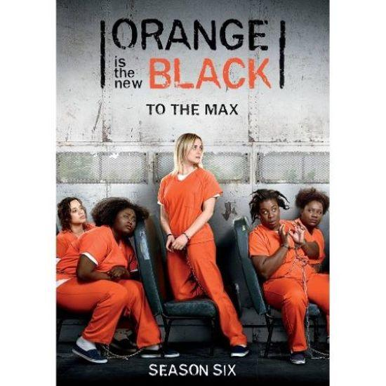 Couverture de la saison six d'Orange is the New Black, prisonniers en combinaisons oranges, texte sur fond blanc.