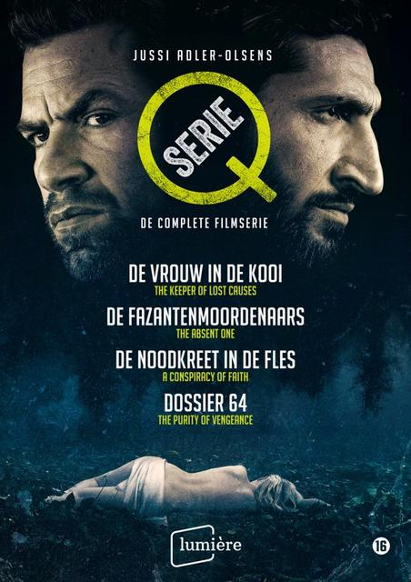 Couverture du DVD de la série Q avec deux visages d'hommes. Titre de la série en haut, titres de films en bas, un cadavre.