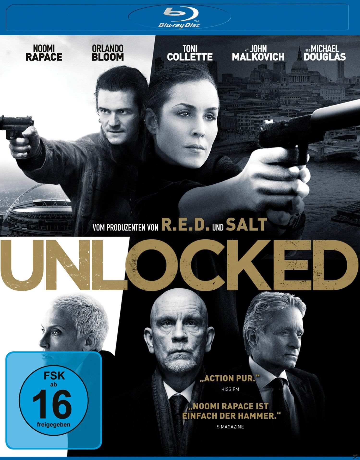Filmposter mit Noomi Rapace, Orlando Bloom. Filmtitel "Unlocked" mit FSK 16. Blu-ray Disc Logo.