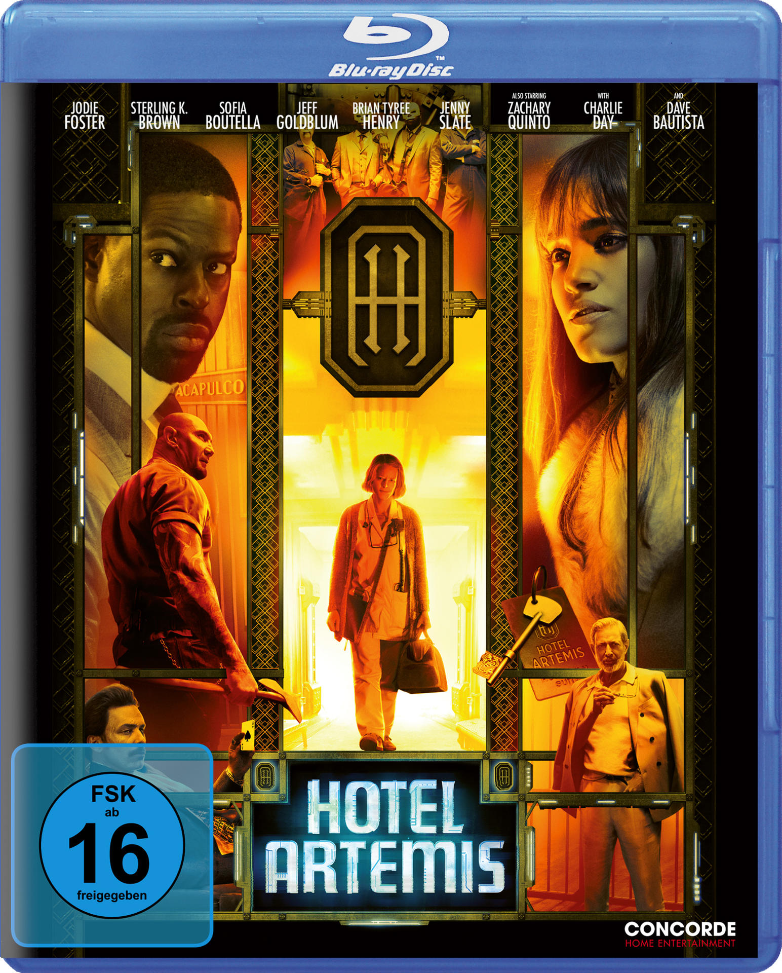 Filmposter für 'Hotel Artemis' mit verschiedenen Schauspielern. Ein blauer Hintergrund.