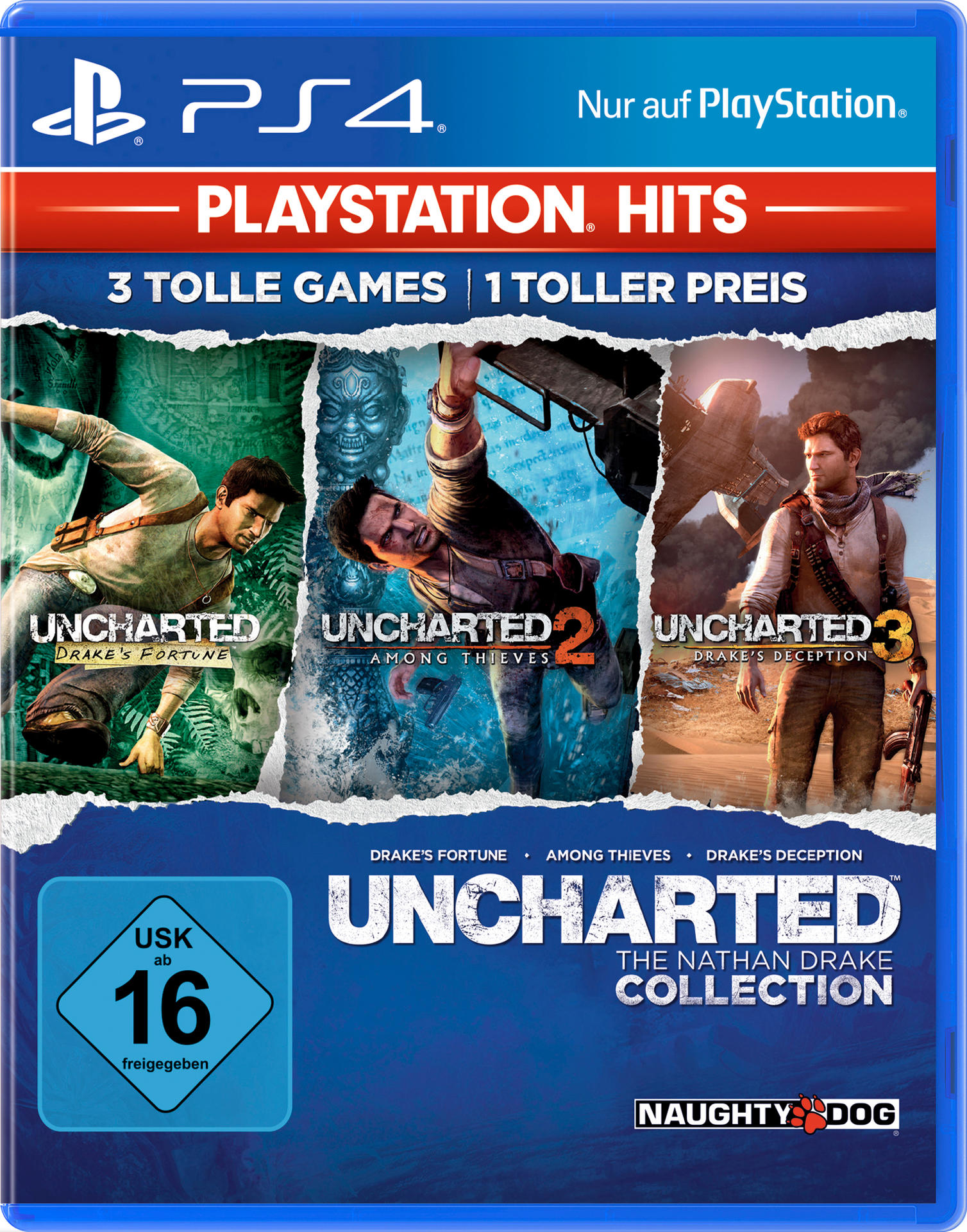 Spielbox mit drei Uncharted-Spielcovers. Text: "Uncharted The Nathan Drake Collection", mit FSK 16.