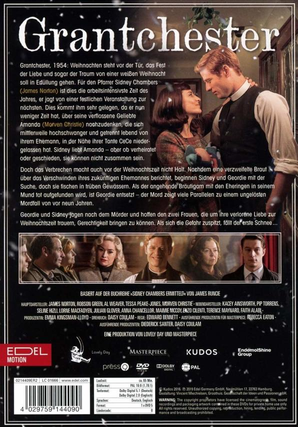 DVD-Cover für Grantchester mit den Schauspielern James Norton und Robson Green, und Text auf Deutsch.