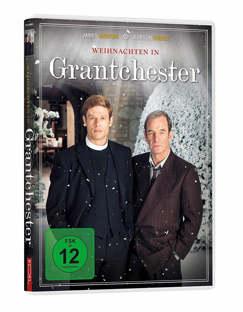 DVD-Cover mit zwei Männern in Anzügen, Titel "Grantchester" auf Deutsch, Schnee im Hintergrund.