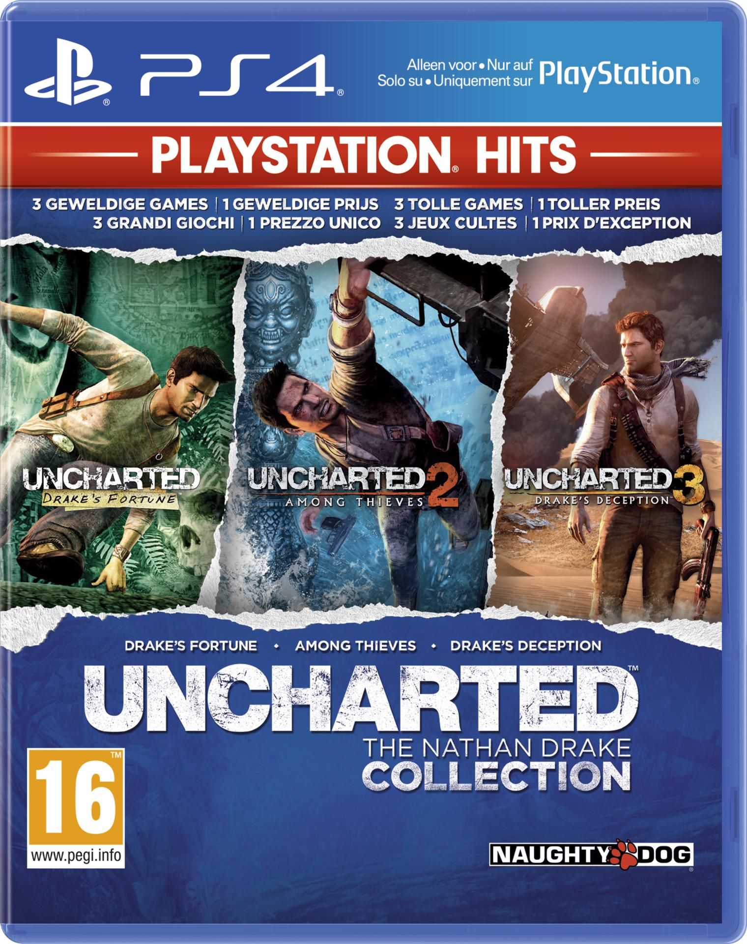 PlayStation Hits game case with Uncharted collection. Three Uncharted games are shown on the front cover.