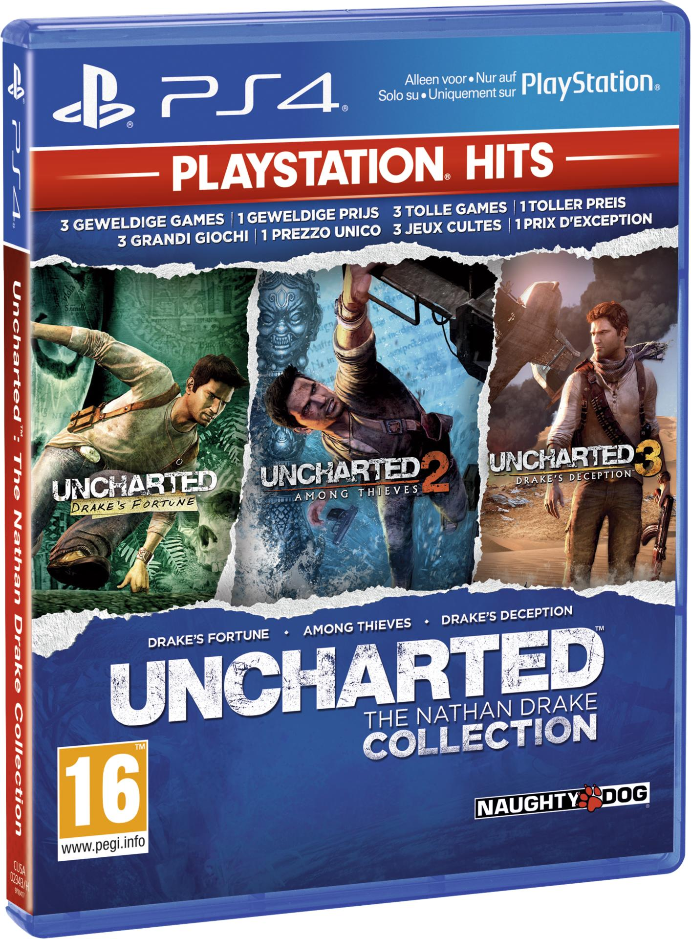 Uncharted: The Nathan Drake Collection game case. Features game covers and the Playstation logo.