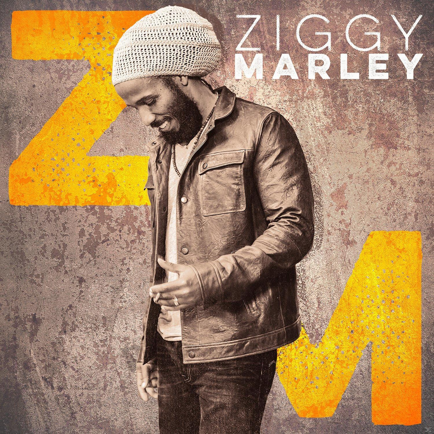Ziggy Marley bőr dzsekit és sapkát visel. Nagy ZM betűk a háttérben.