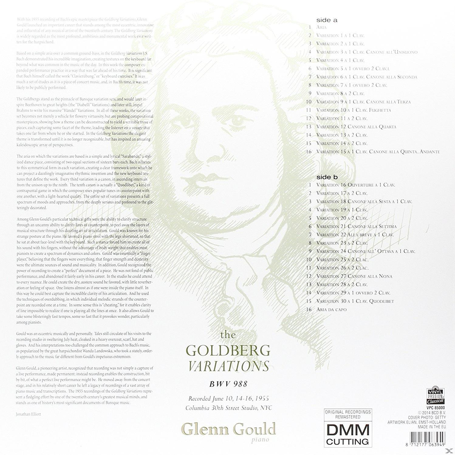 Kotta szöveggel és zenei jelöléssel. Az A és B oldalakon variációk listája és Glenn Gould portréja látható.