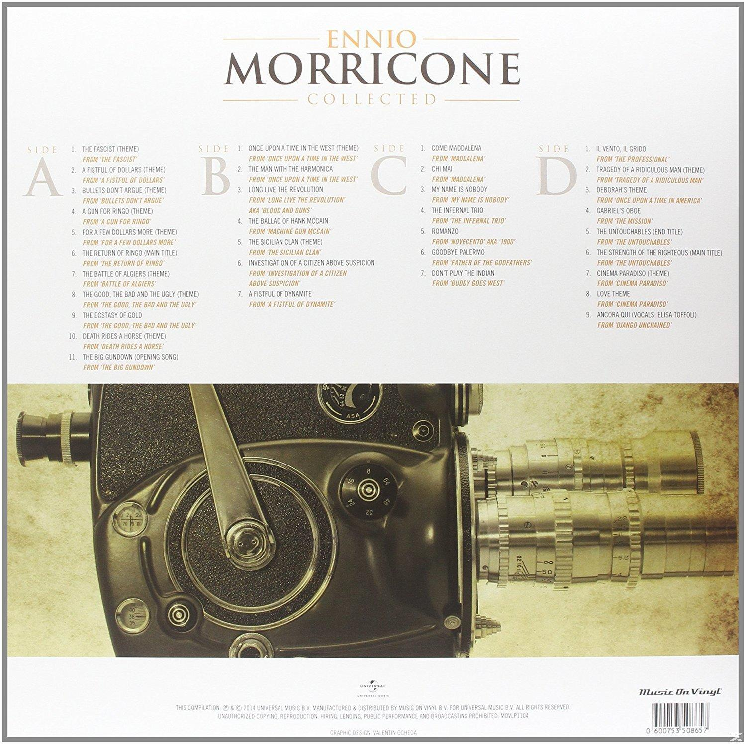 Ennio Morricone album borítójának hátulja a számlistával és egy filmkamerával.