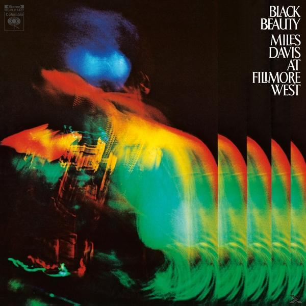 Album borító: Miles Davis, Black Beauty at Fillmore West, színes absztrakt művészet szöveggel.