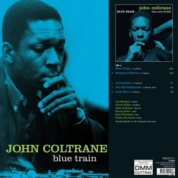 John Coltrane "Blue Train" című albumának borítója. Tartalmaz egy portrét és a számlistát.