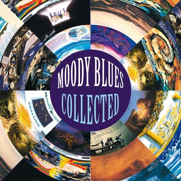 Album borító kör alakú designnal és 'MOODY BLUES COLLECTED' szöveggel, különféle album borítókkal.