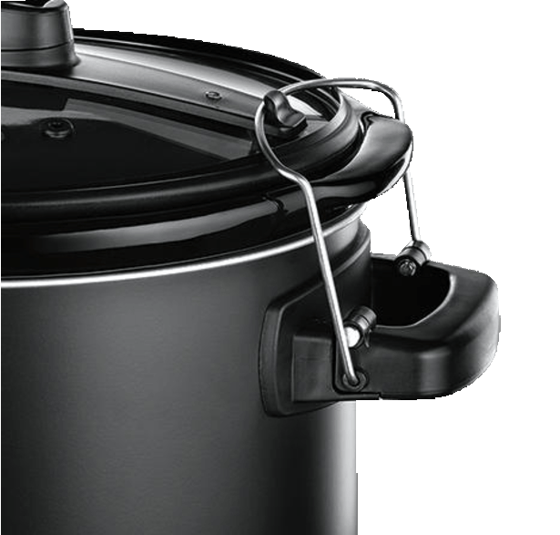 Black pot with a lid and a handle. The handle is metallic and attached to the pot.