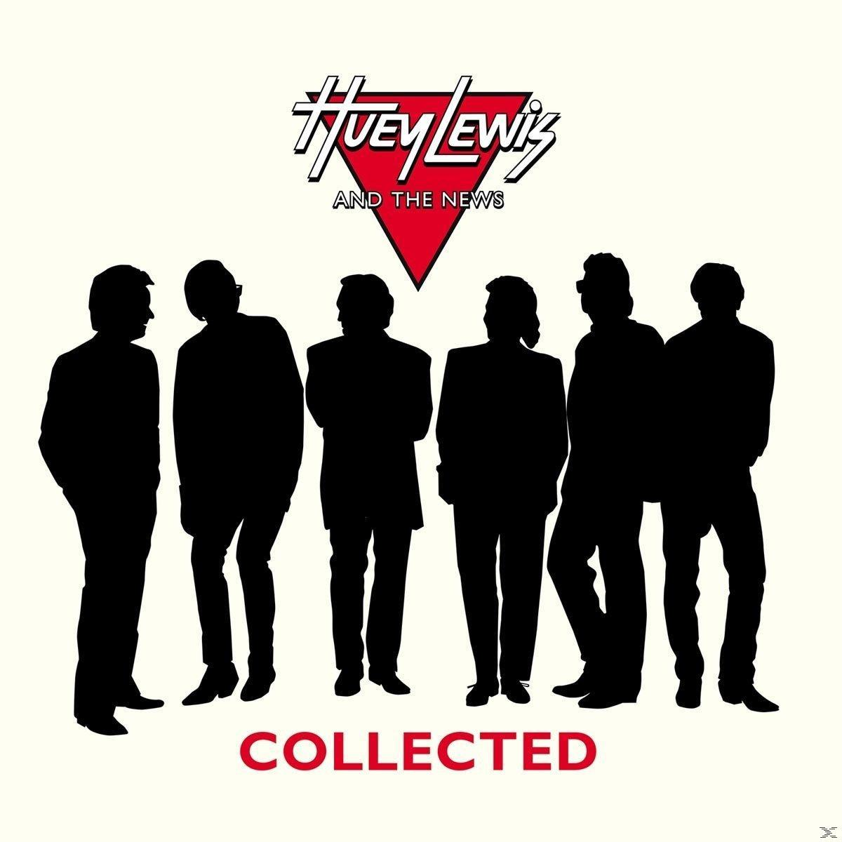 Együttes sziluettje, Huey Lewis and the News, piros háromszög és fehér háttér előtt.