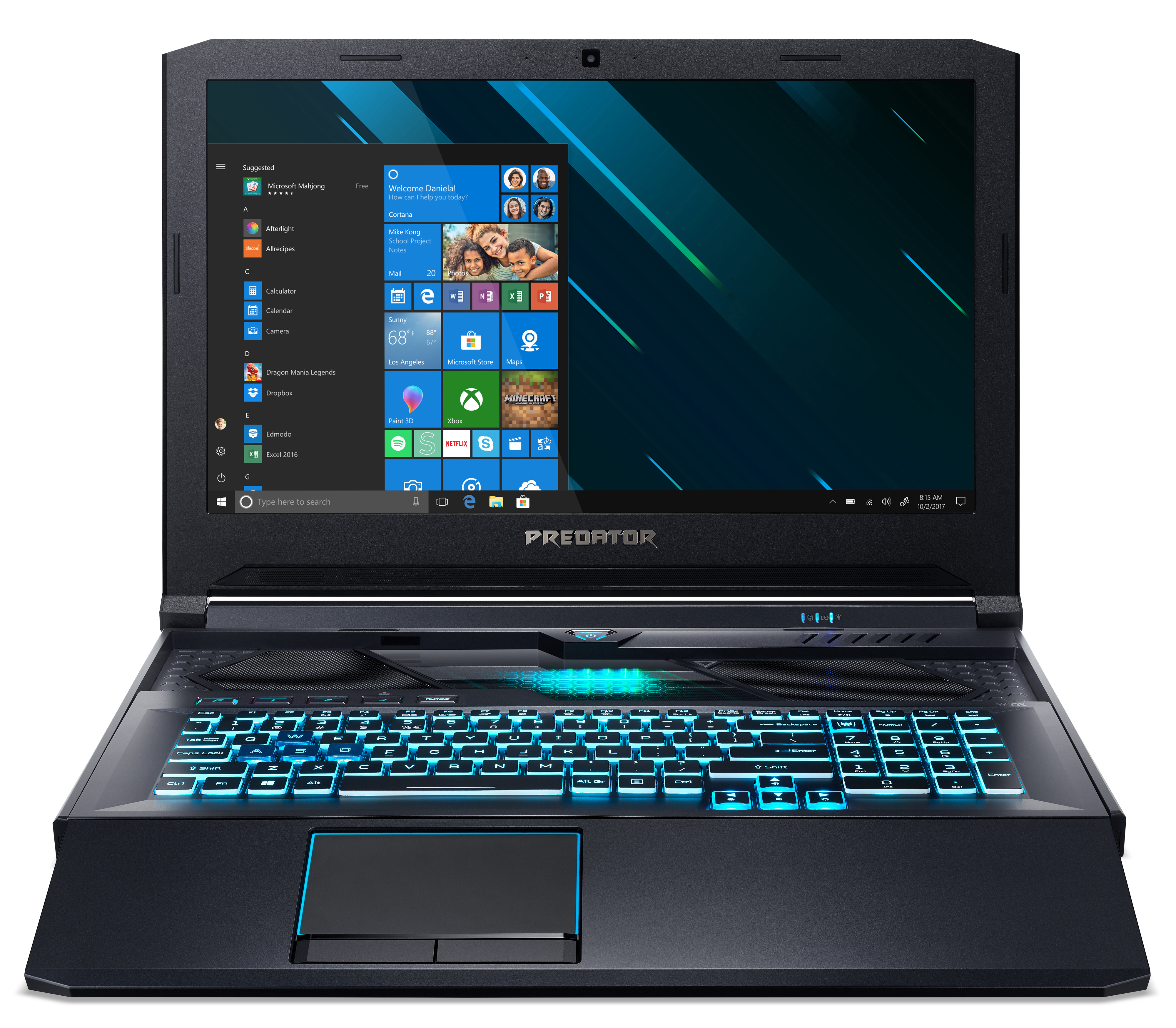 Predator-Laptop mit eingeschalteten Tastaturleuchten, zeigt die Windows-Oberfläche und eine Spielszene.