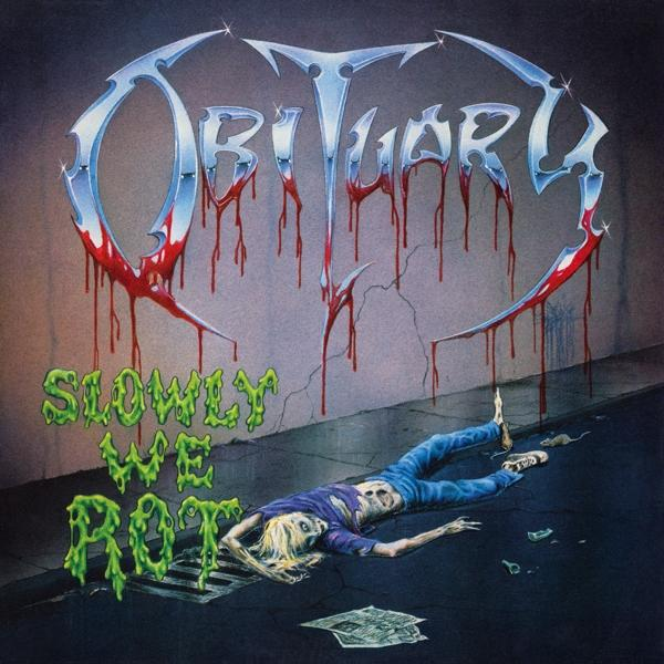 Albumborító egy zombival a földön, vérrel és a 'OBITUARY' szóval fém betűtípussal.