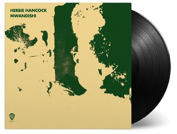Herbie Hancock albumborító. Zöld és bézs absztrakt design. Fekete bakelit lemez jobbra.