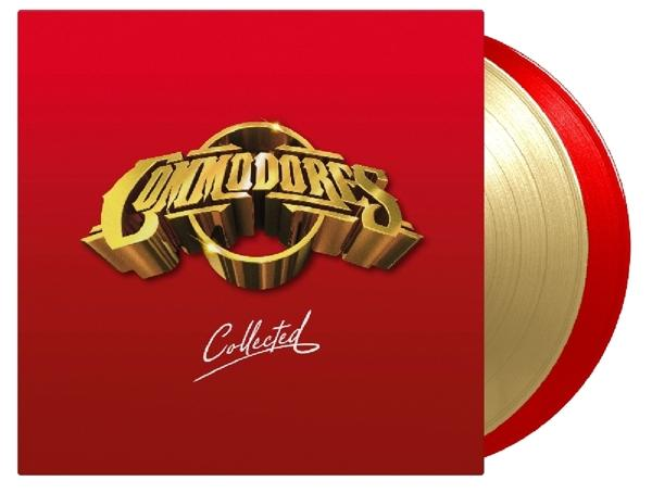 Commodores album borítója. Arany logó piros háttéren, bakelit lemez.