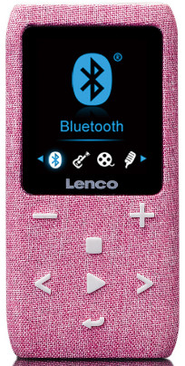 Pink Lenco MP3 player with a screen and buttons. Bluetooth logo on screen.