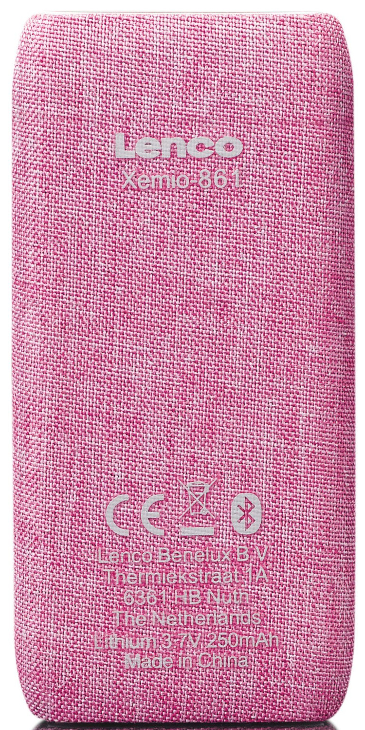 Pink fabric speaker with text. The brand name Lenco is visible, along with its model number.