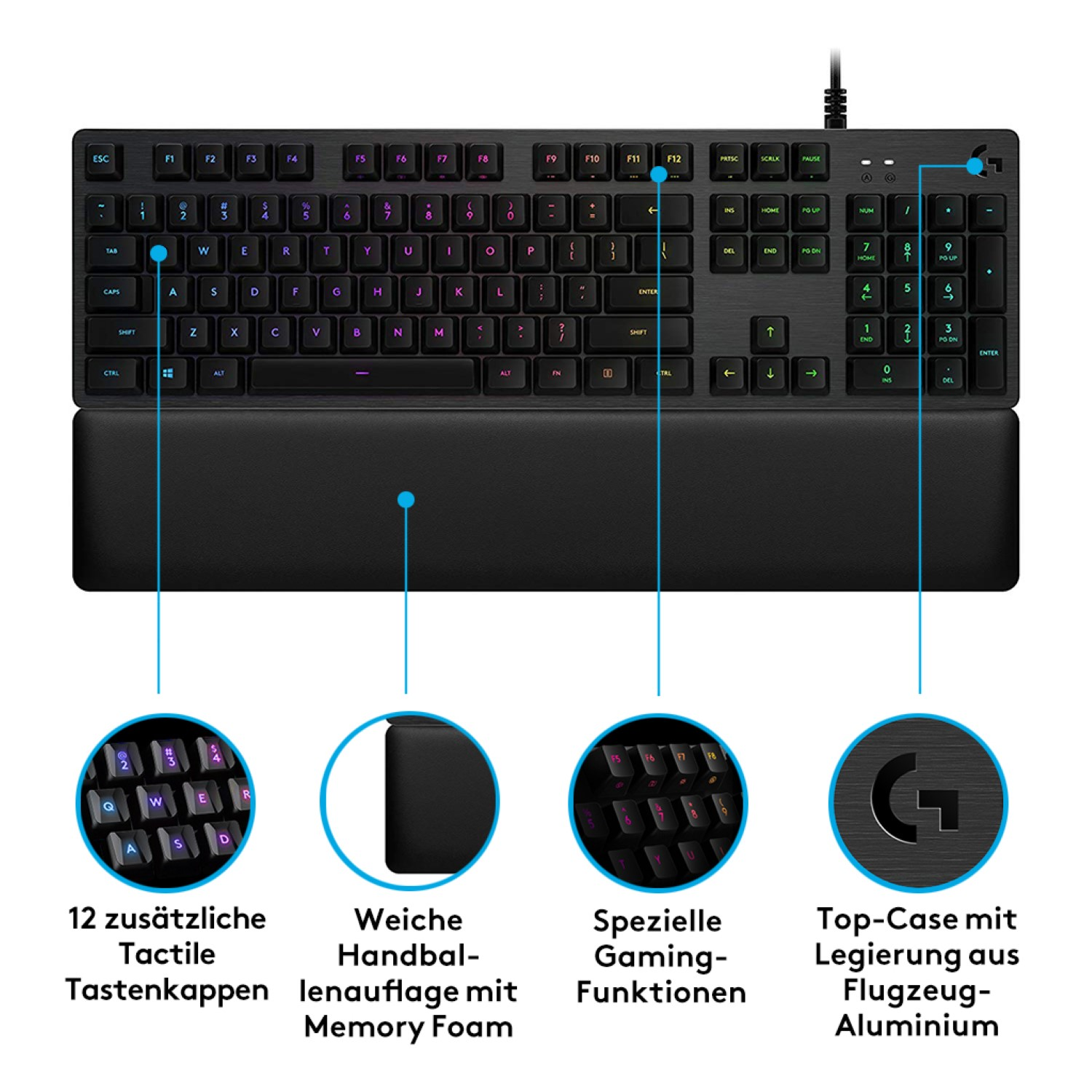 LOGITECH G513 RGB, Gaming Tastatur, Mechanisch, Logitech Romer G Tactile, kabelgebunden, Schwarz