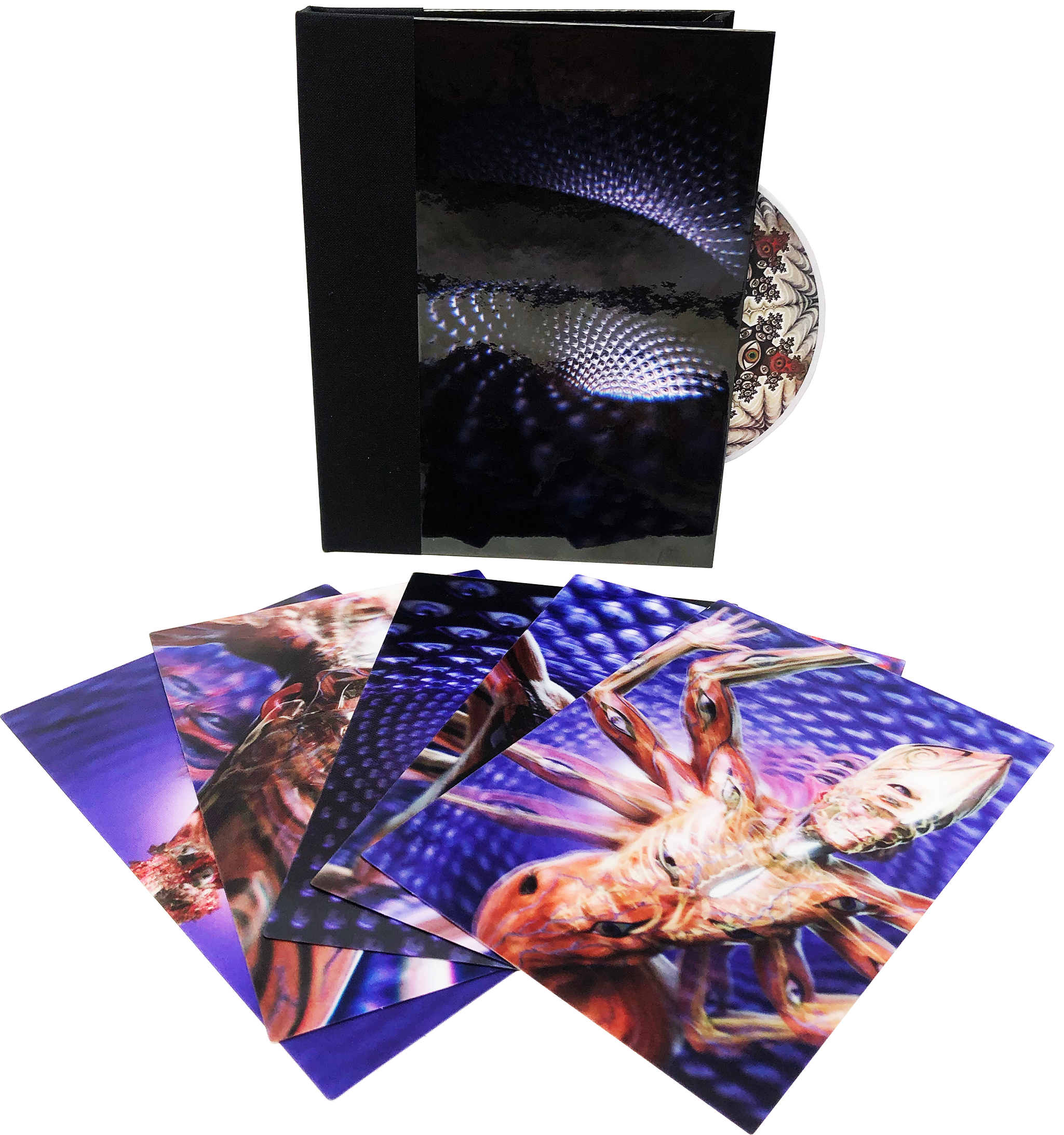Albumkészlet CD-vel és művészi nyomatokkal. A művészet absztrakt és emberi alakokat mutat sötét, szürreális stílusban.