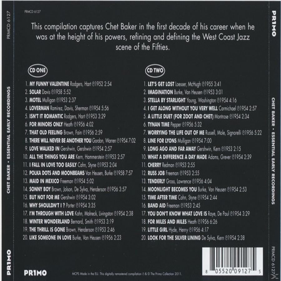 CD borító számlistával. Szöveg: Chet Baker - Essential Early Recordings. Primo Records kiadó.