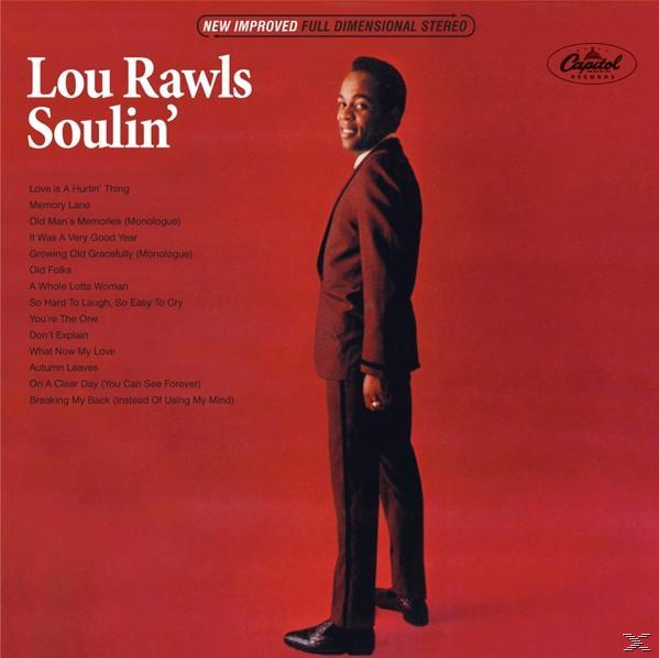Album borítója Lou Rawls-szal öltönyben. A szöveg dalcímeket és a „Soulin'” szót tartalmazza. Piros háttér.