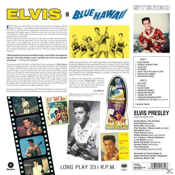Elvis in Blue Hawaii album borító, Elvis képekkel és egy filmszalag képpel szöveggel.