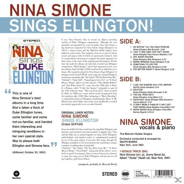 Album borító: Nina Simone énekli Ellingtont. Szöveg, fotó és számlista látható.