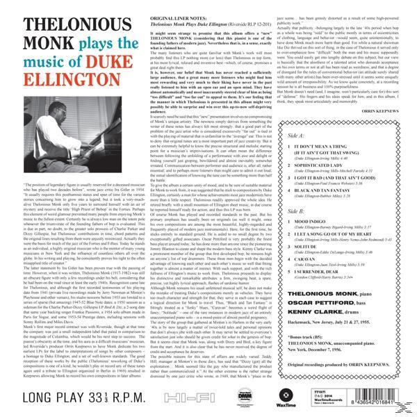 Album borító. Fekete-fehér fotó egy zongorázó férfiról. Szöveg: Thelonious Monk Plays Duke Ellington.