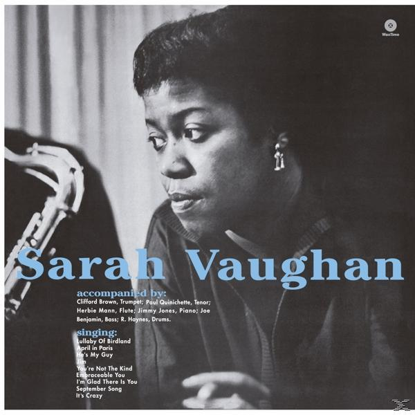 Album borító: Sarah Vaughan. Egy sötét ruhás nő, dalok és kísérők listájával.