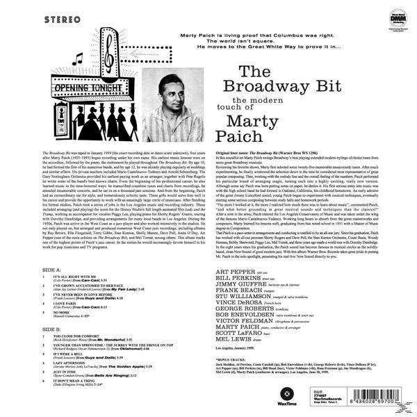 A 'The Broadway Bit' album borítója Marty Paichtól, szöveg és egy férfi fotója fehér háttéren.