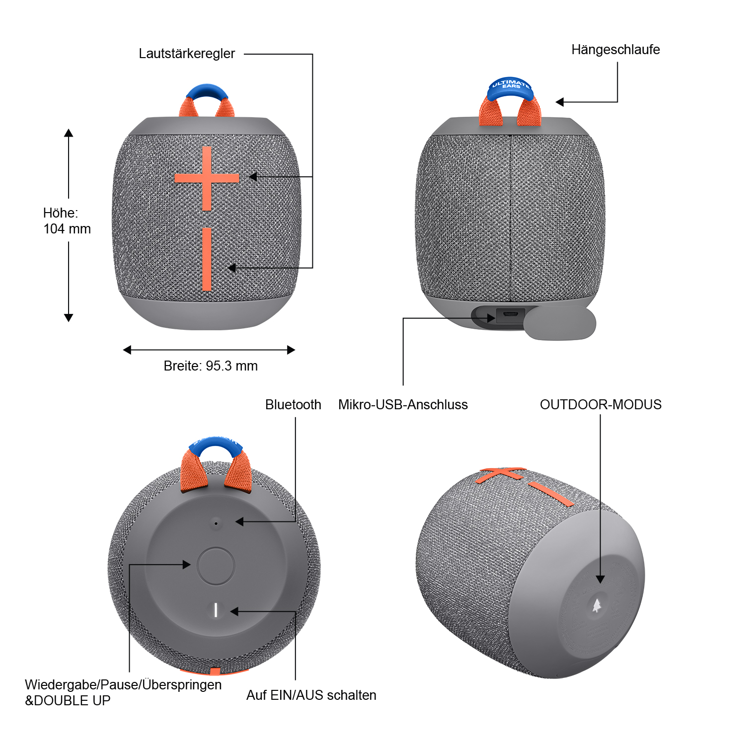 ULTIMATE EARS Wonderboom 2 tragbarer Bluetooth Lautsprecher, Grau, Wasserfest
