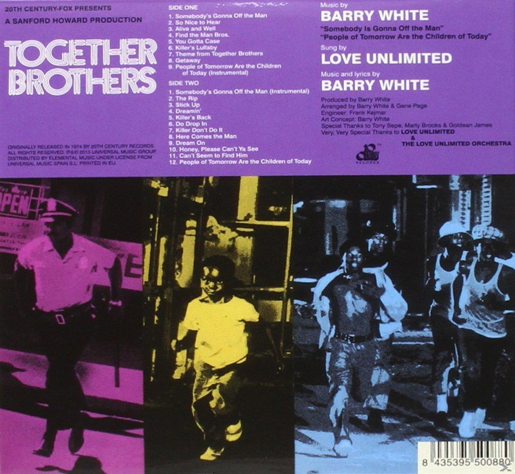 A "Together Brothers" album hátlapja Barry White-tól. A zenekar tagjait és a számlistát mutatja.