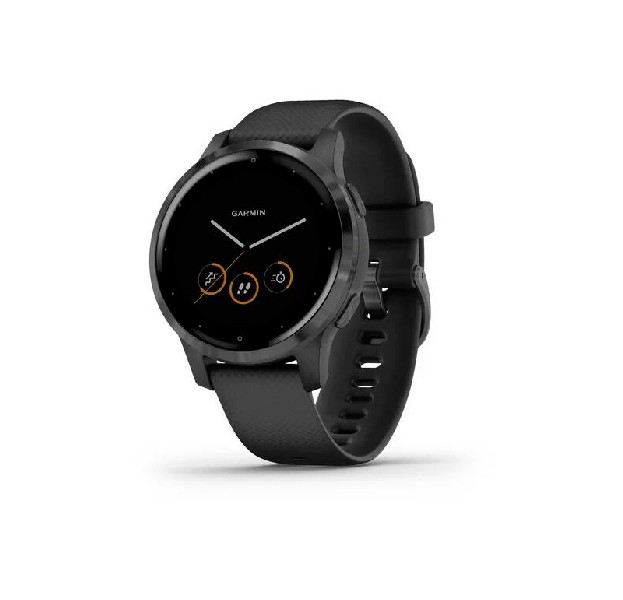 Reloj inteligente Garmin negro sobre fondo blanco.