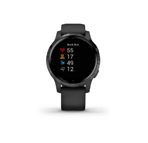 Smartwatch negra mostrando datos de salud: corazón, pasos, calorías, actividad.