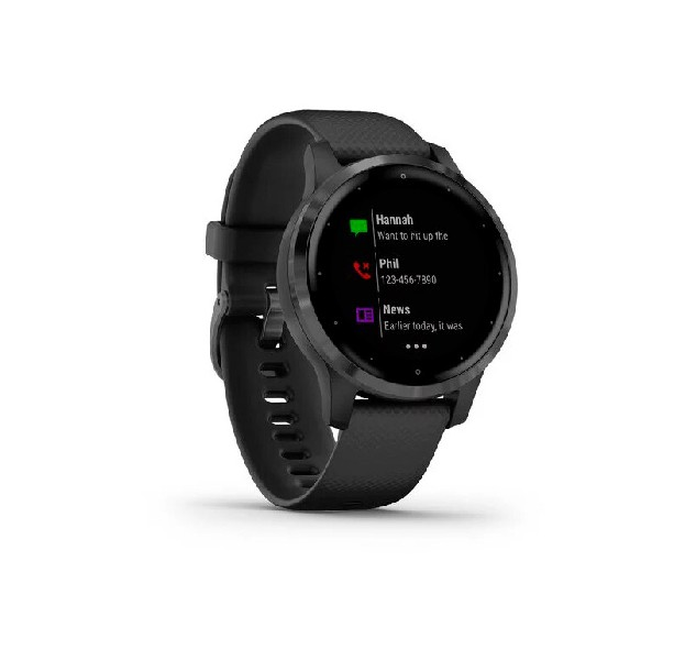 Reloj inteligente Garmin negro que muestra mensajes y datos. Correa y esfera negras.
