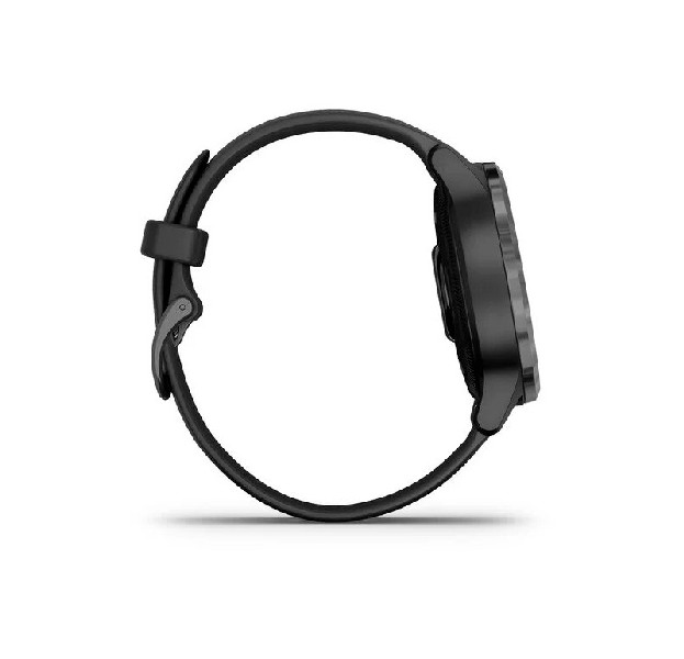 Smartwatch negra con pantalla curvada y correa negra.