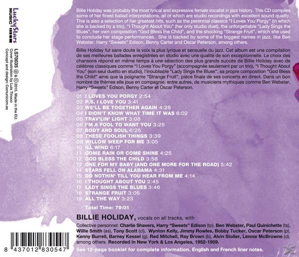 Album hátlapja, számlistával, szöveggel és Billie Holiday fotójával.