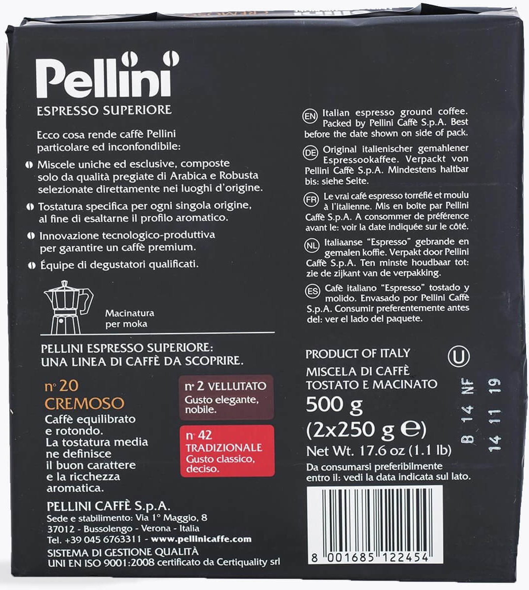 Fekete-piros Pellini espresso kávé csomag, szöveg, fehér háttér.