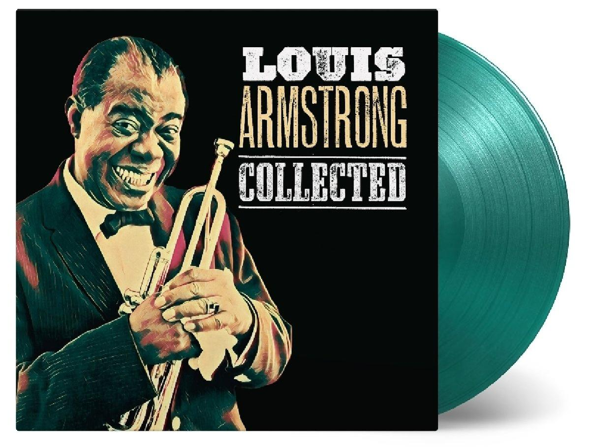 Louis Armstrong trombitával és albumborítóval.