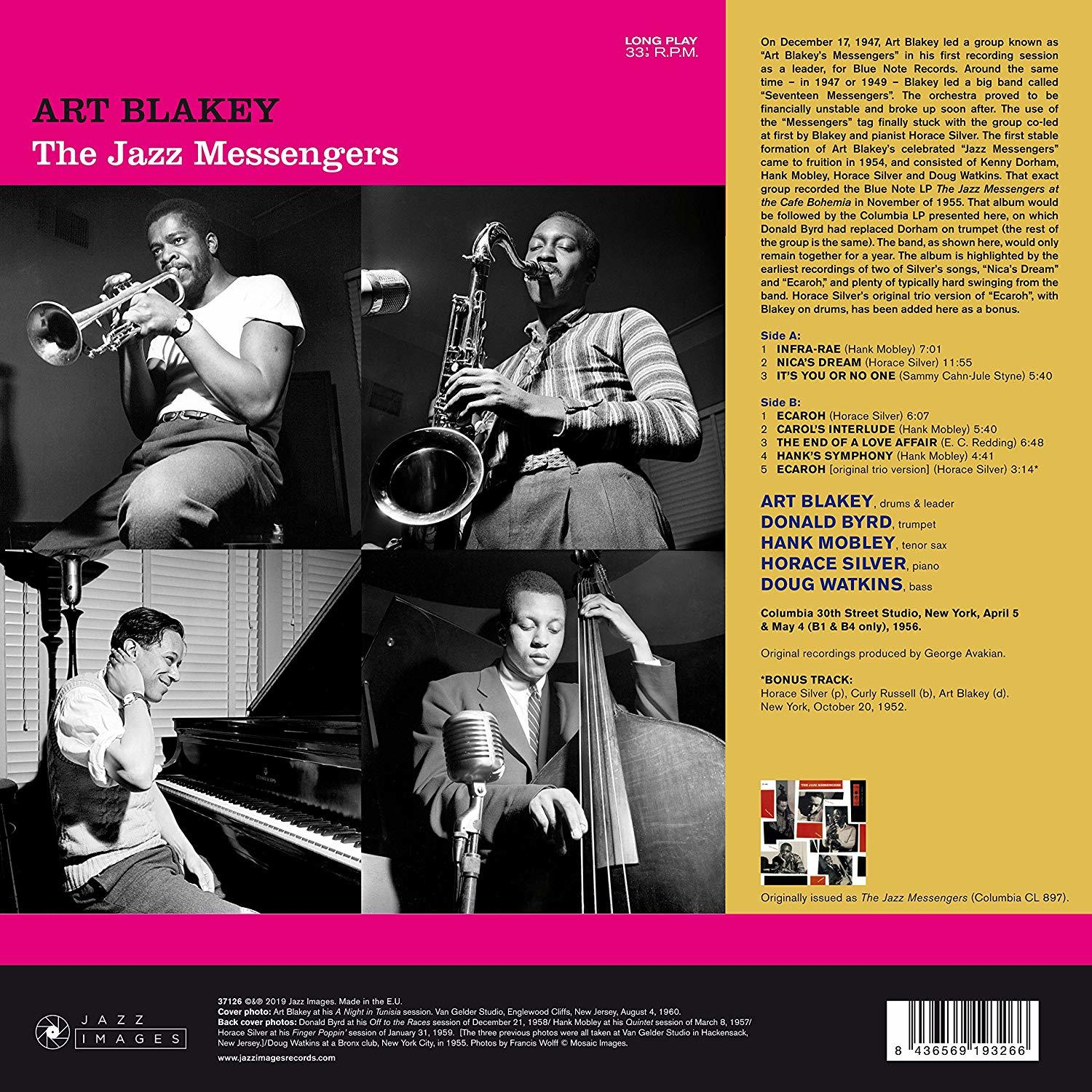Egy CD hátulja, a 'The Jazz Messengers' jazz bandáról szóló információkkal. Fotók és szöveg is található.